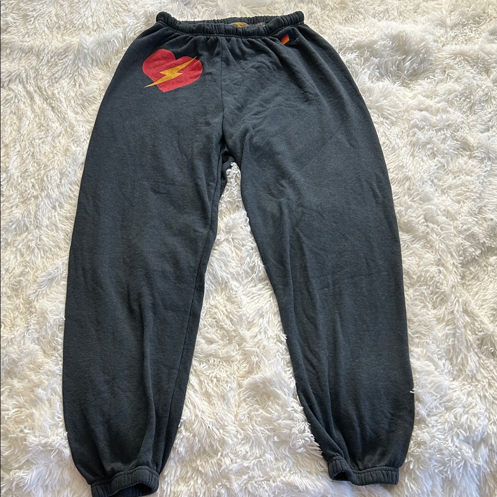 Aviator Nation Black Joggers with Red Heart and Yellow Bolt